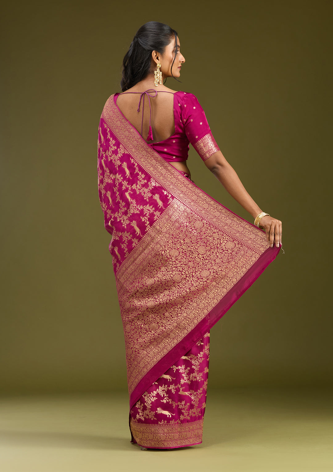 Wine Crepe Jaal Gold Zariwork Saree With Matching Blouse Piece