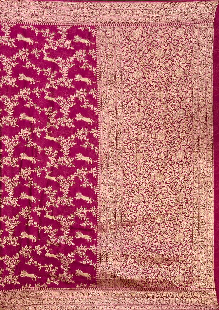 Wine Crepe Jaal Gold Zariwork Saree With Matching Blouse Piece