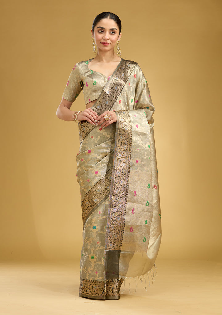 Light Grey Tissue Jaal Zariwork Saree With Matching Blouse Piece