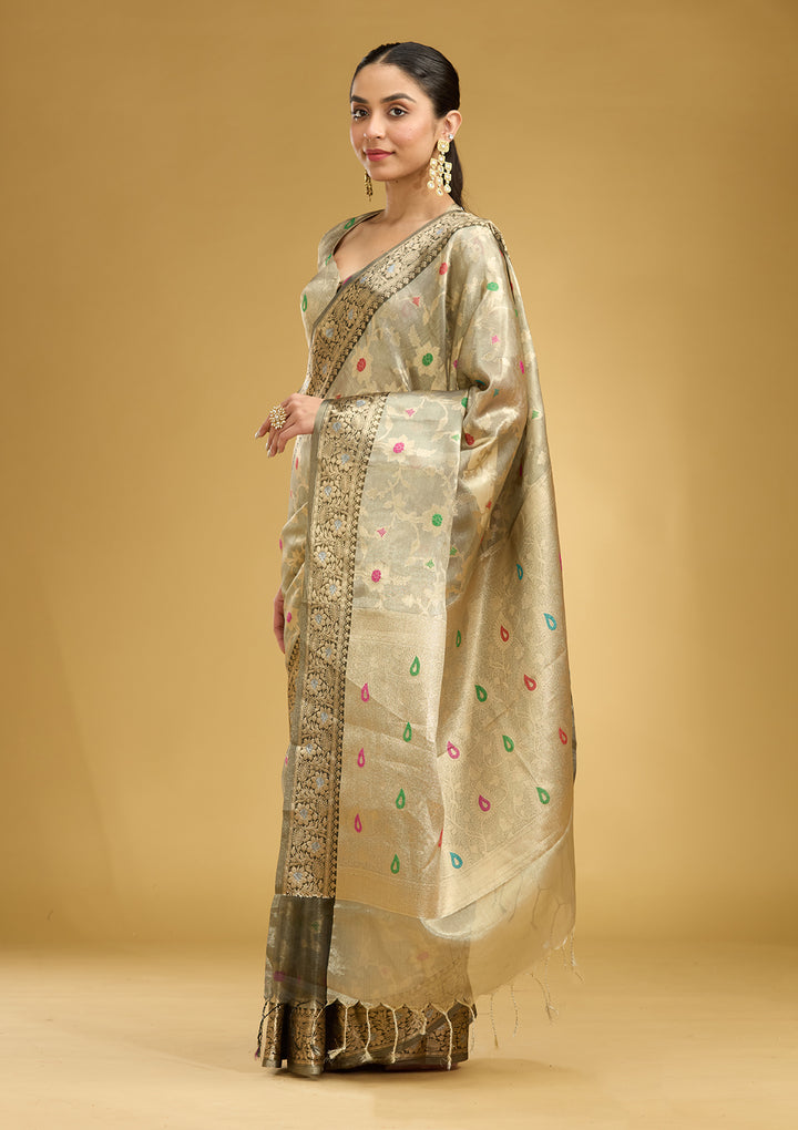 Light Grey Tissue Jaal Zariwork Saree With Matching Blouse Piece