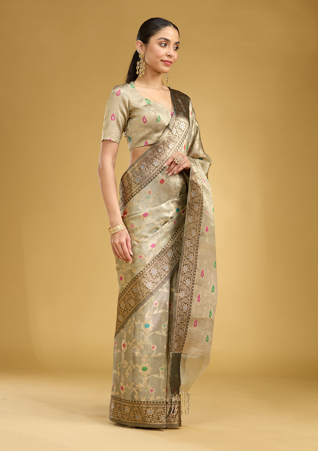 Light Grey Tissue Jaal Zariwork Saree With Matching Blouse Piece