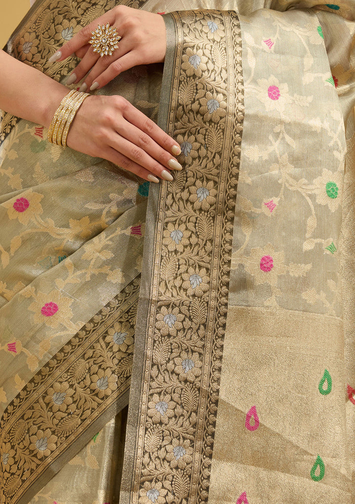 Light Grey Tissue Jaal Zariwork Saree With Matching Blouse Piece