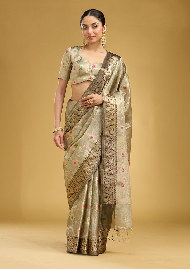 Light Grey Tissue Jaal Zariwork Saree With Matching Blouse Piece