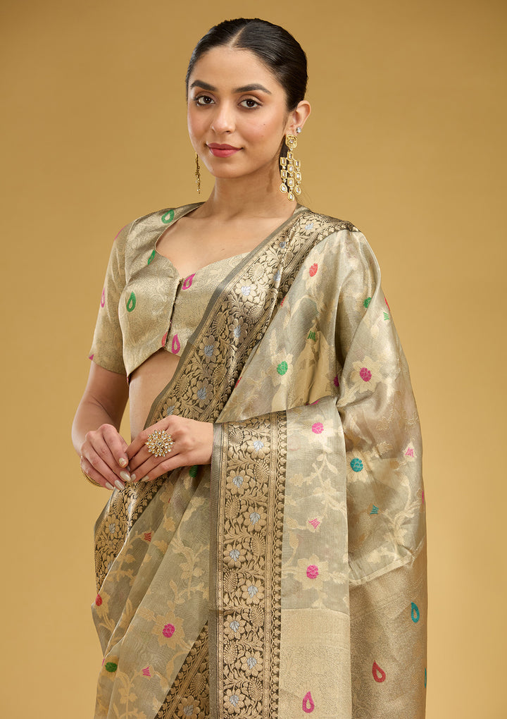 Light Grey Tissue Jaal Zariwork Saree With Matching Blouse Piece