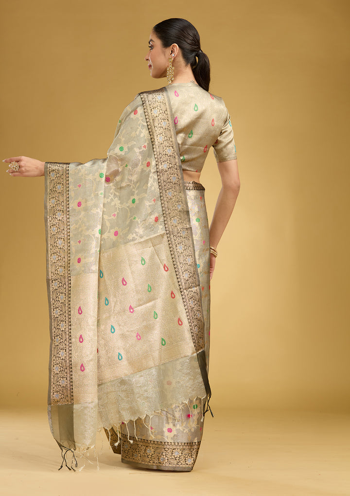 Light Grey Tissue Jaal Zariwork Saree With Matching Blouse Piece
