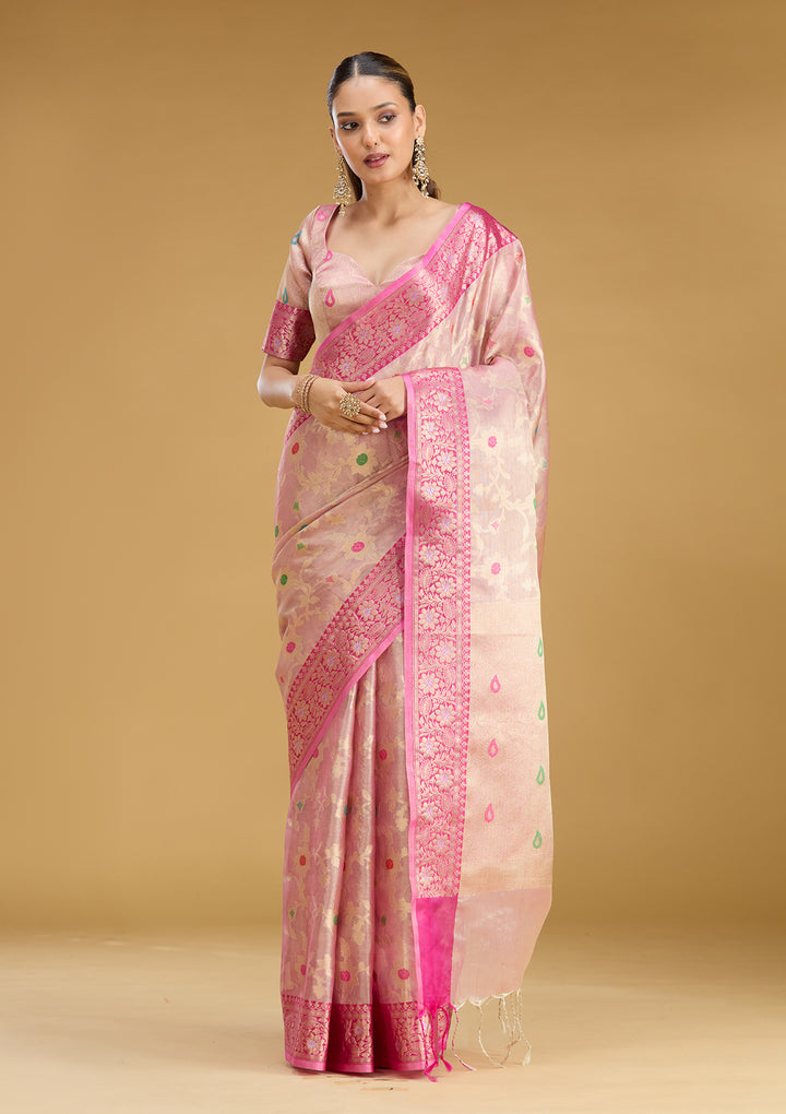Pink Tissue Jaal Zariwork Saree With Matching Blouse Piece