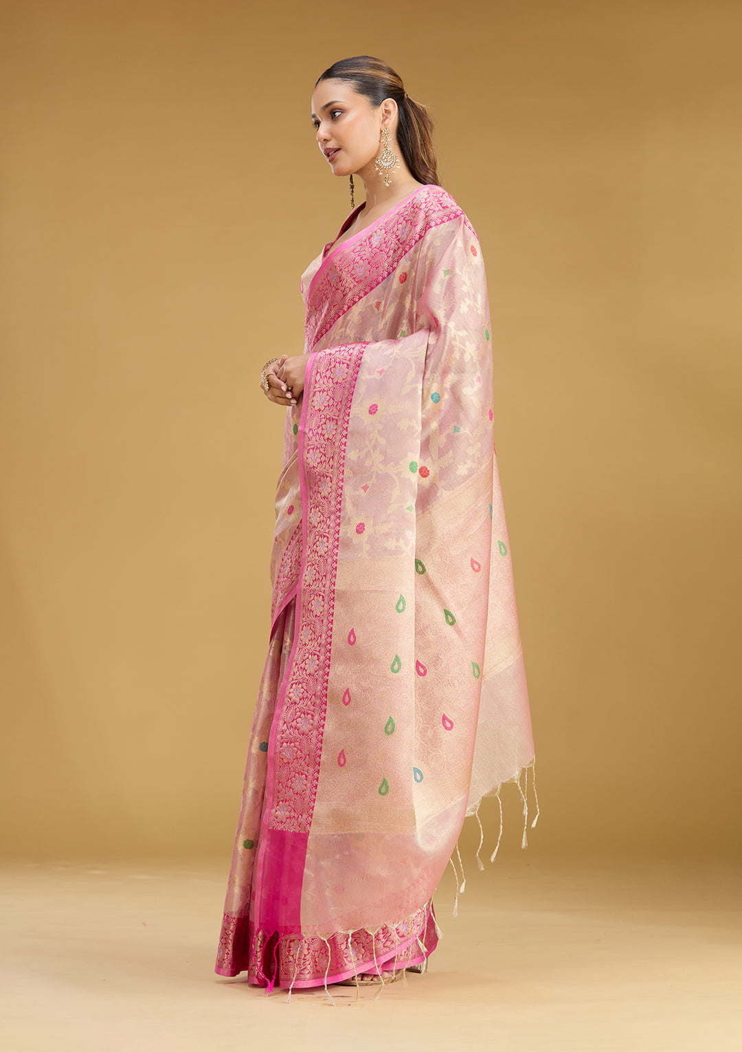 Pink Tissue Jaal Zariwork Saree With Matching Blouse Piece