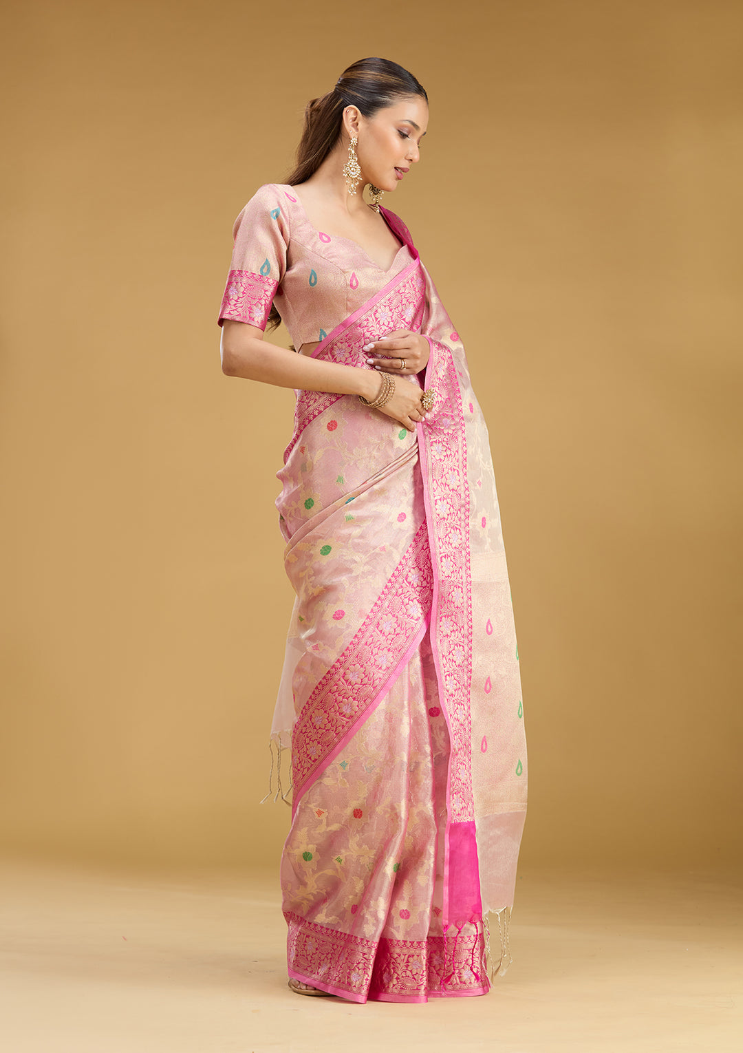 Pink Tissue Jaal Zariwork Saree With Matching Blouse Piece