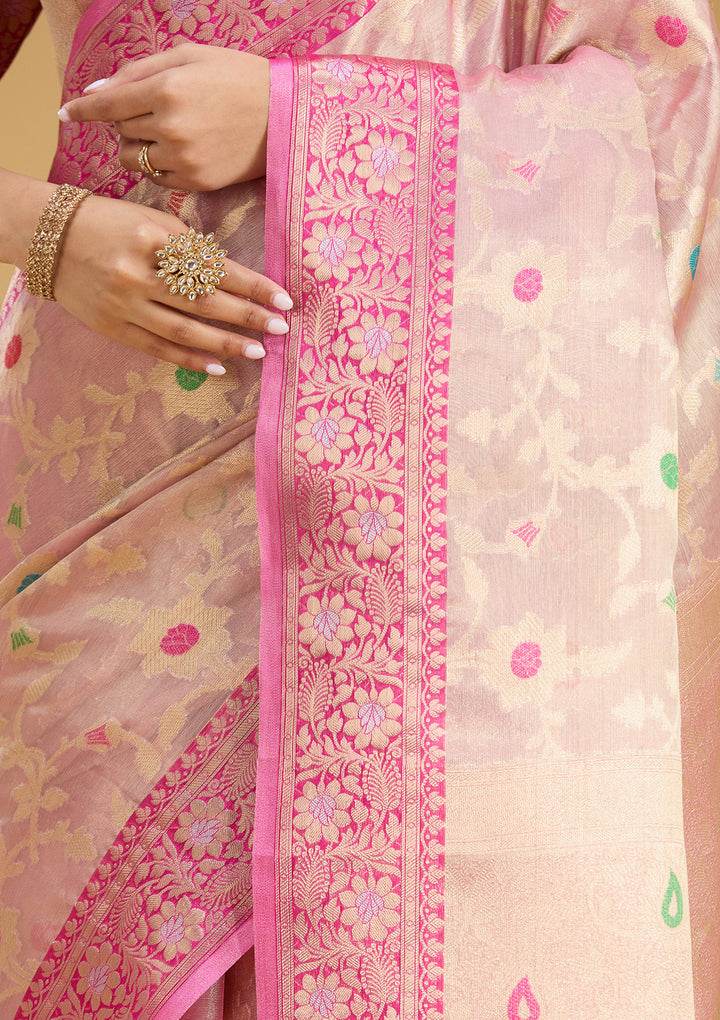 Pink Tissue Jaal Zariwork Saree With Matching Blouse Piece