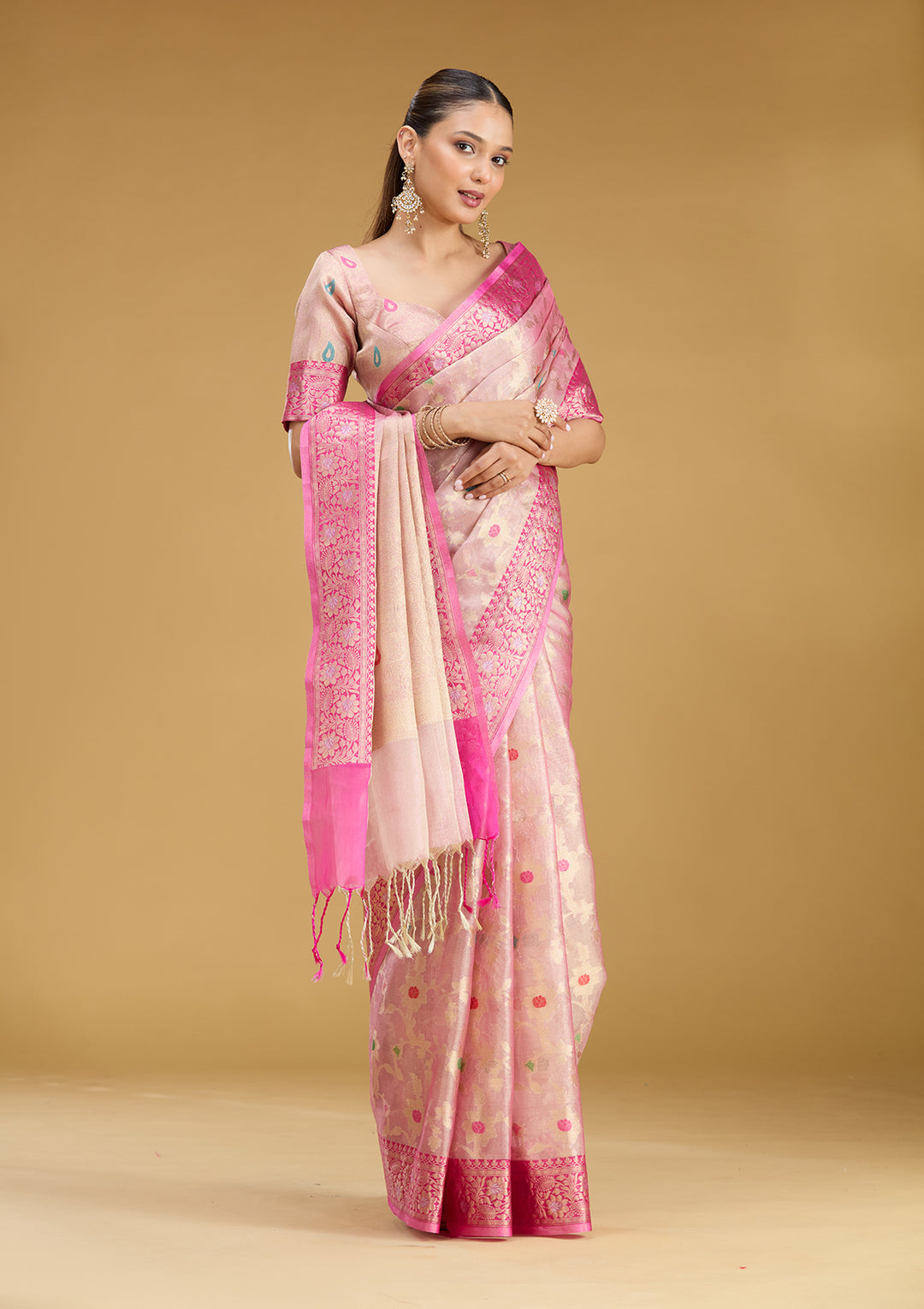 Pink Tissue Jaal Zariwork Saree With Matching Blouse Piece