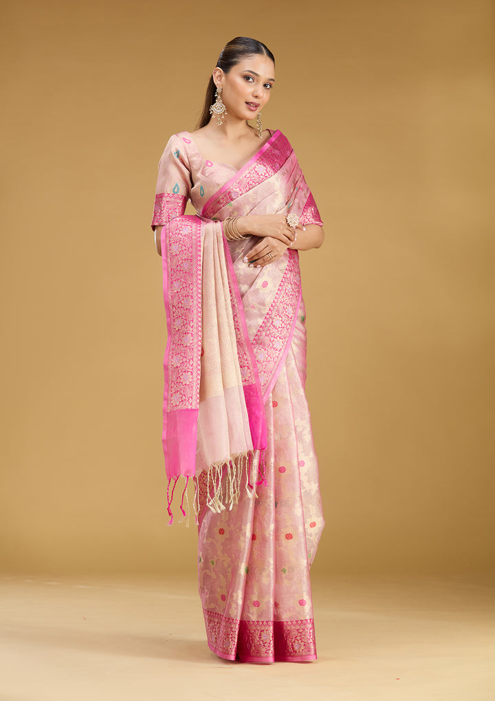 Pink Tissue Jaal Zariwork Saree With Matching Blouse Piece