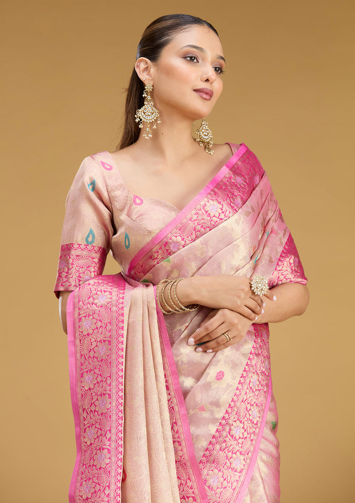 Pink Tissue Jaal Zariwork Saree With Matching Blouse Piece