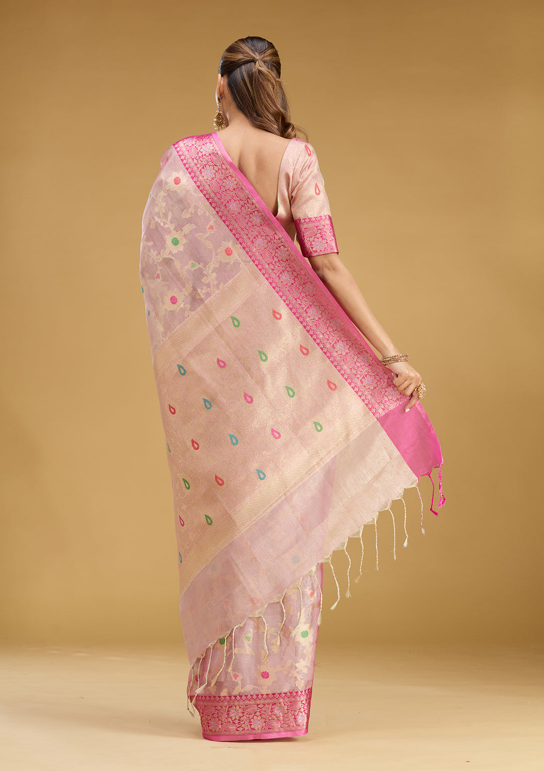 Pink Tissue Jaal Zariwork Saree With Matching Blouse Piece