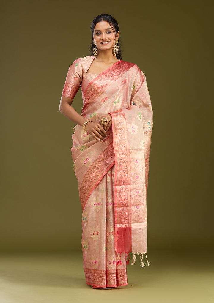Peach Tissue Jaal Gold Zariwork Saree With Matching Blouse Piece