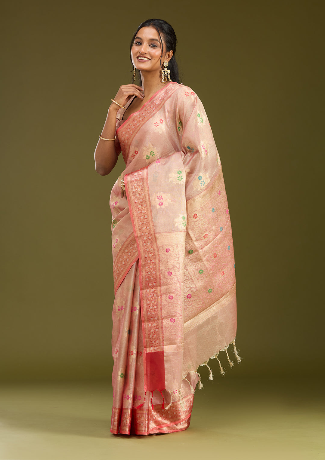Peach Tissue Jaal Gold Zariwork Saree With Matching Blouse Piece