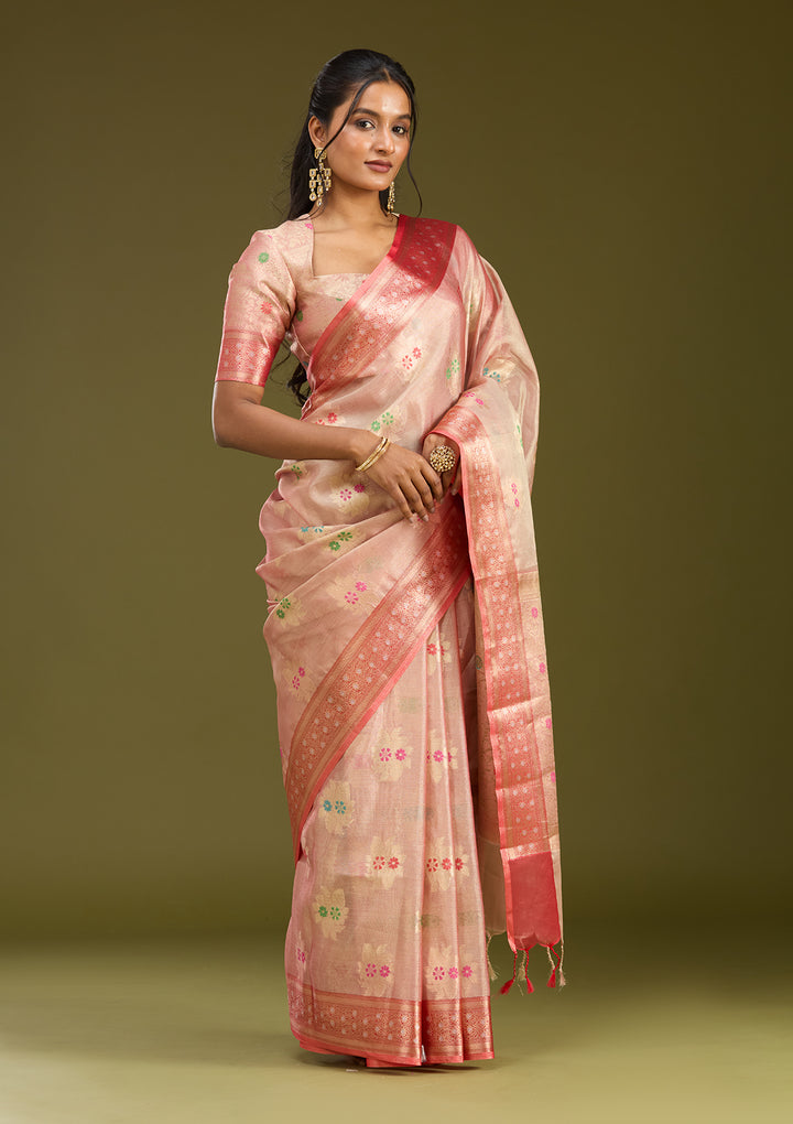 Peach Tissue Jaal Gold Zariwork Saree With Matching Blouse Piece