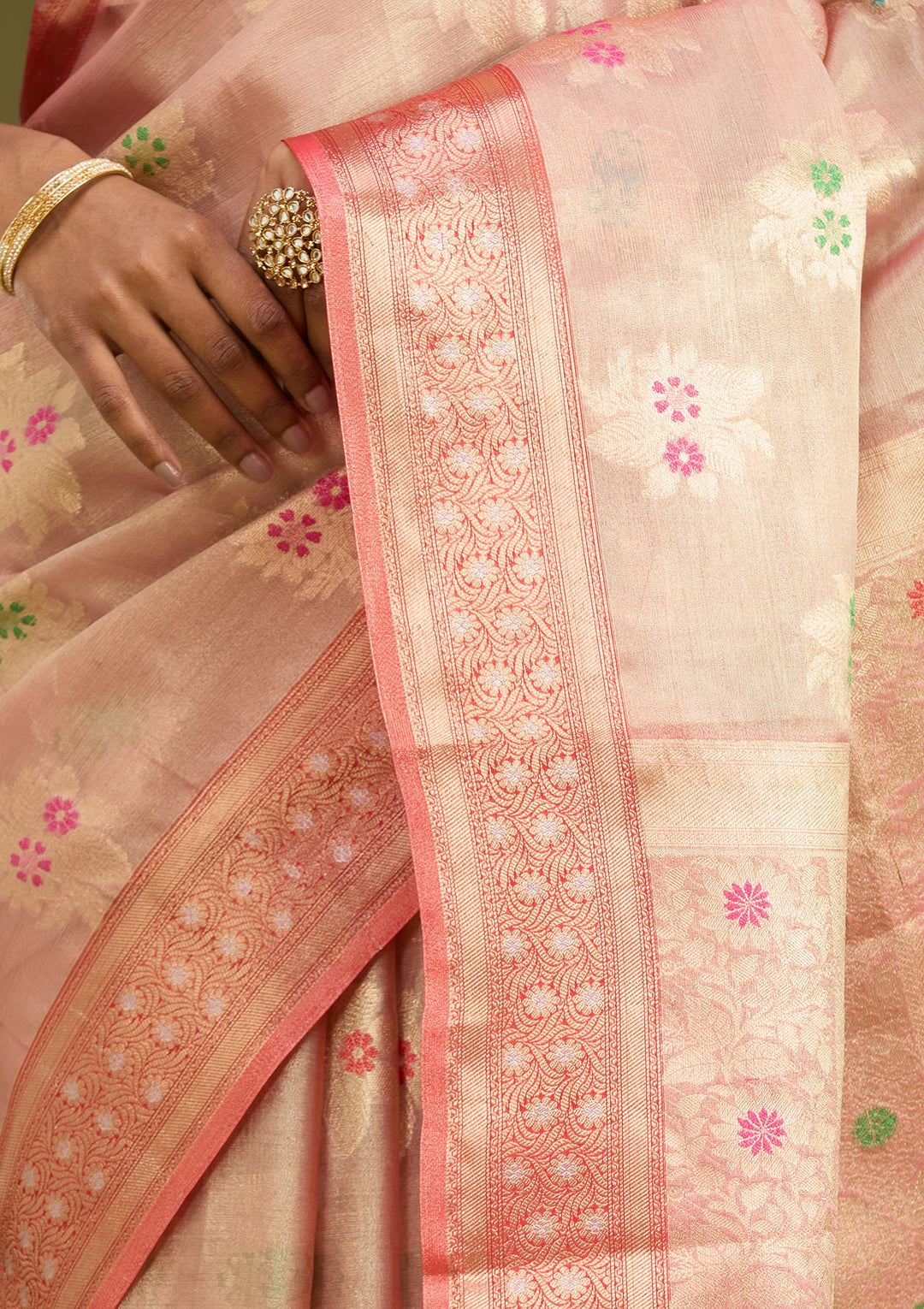 Peach Tissue Jaal Gold Zariwork Saree With Matching Blouse Piece