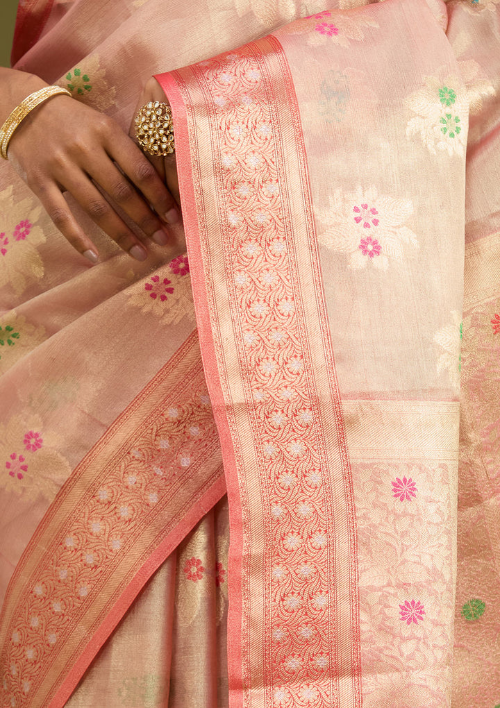 Peach Tissue Jaal Gold Zariwork Saree With Matching Blouse Piece
