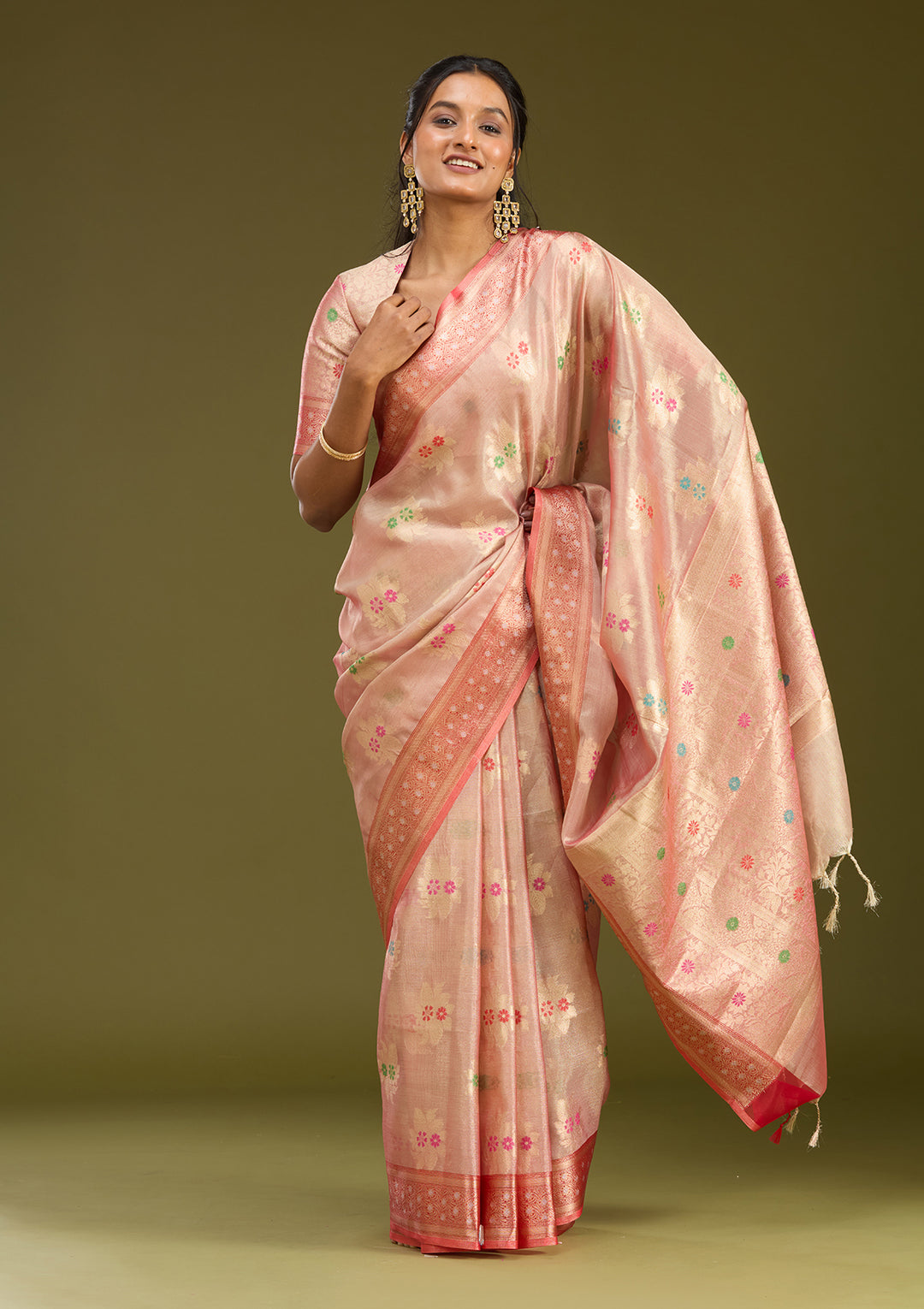 Peach Tissue Jaal Gold Zariwork Saree With Matching Blouse Piece
