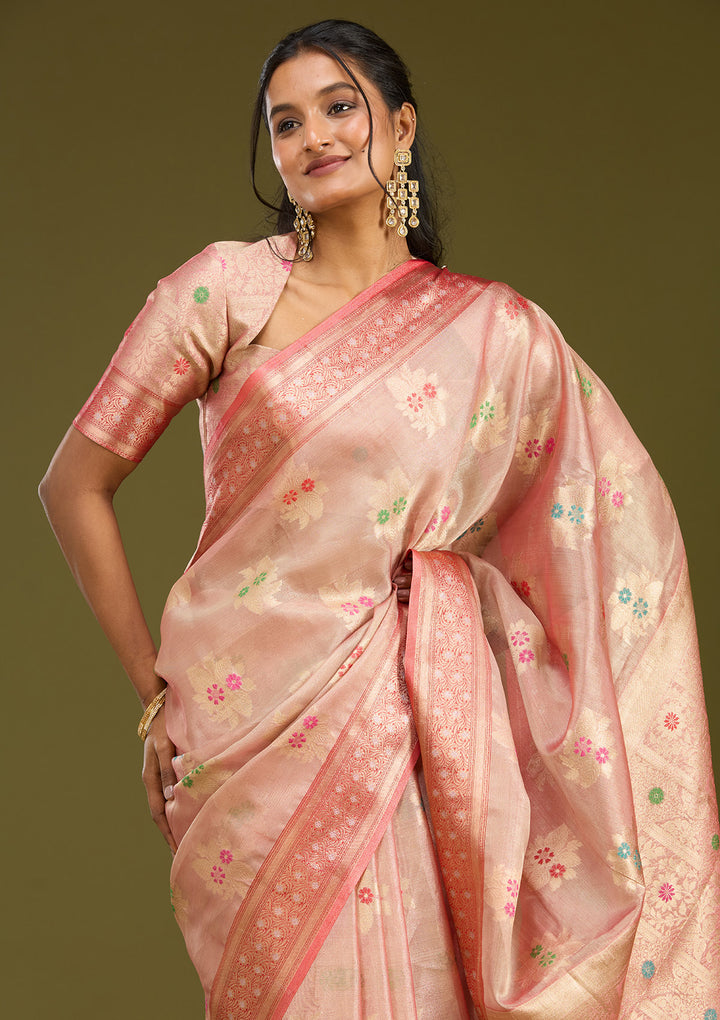 Peach Tissue Jaal Gold Zariwork Saree With Matching Blouse Piece