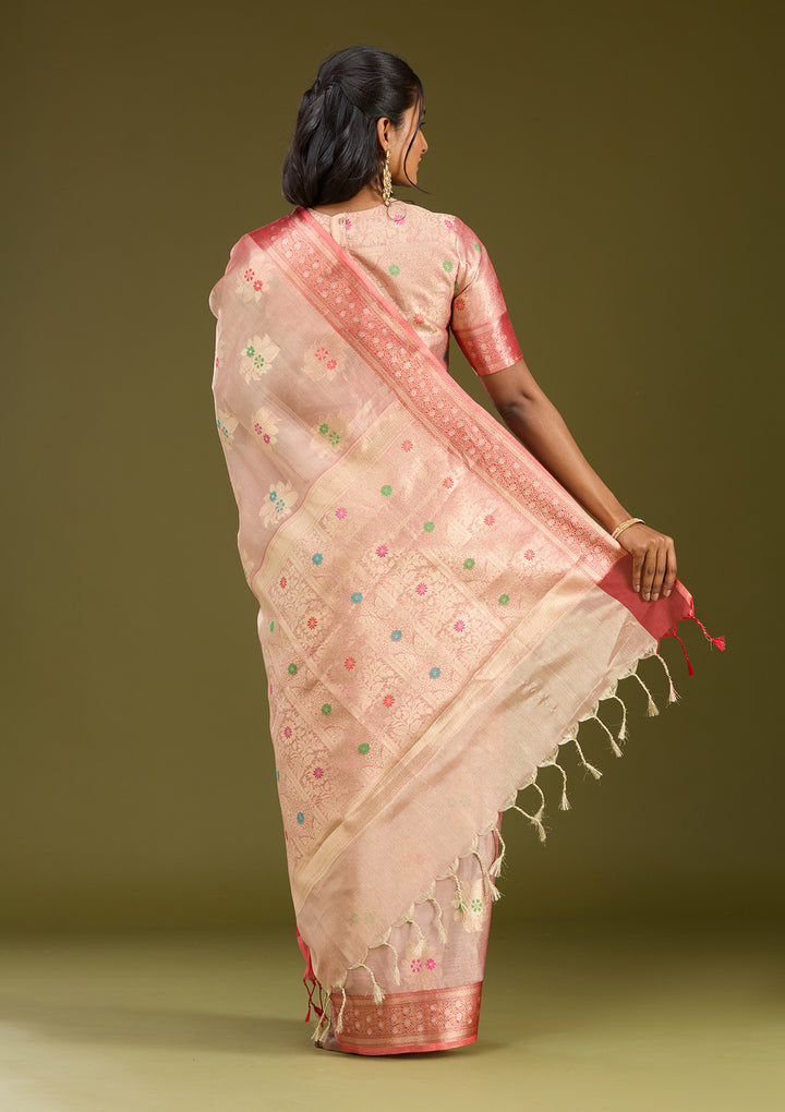 Peach Tissue Jaal Gold Zariwork Saree With Matching Blouse Piece