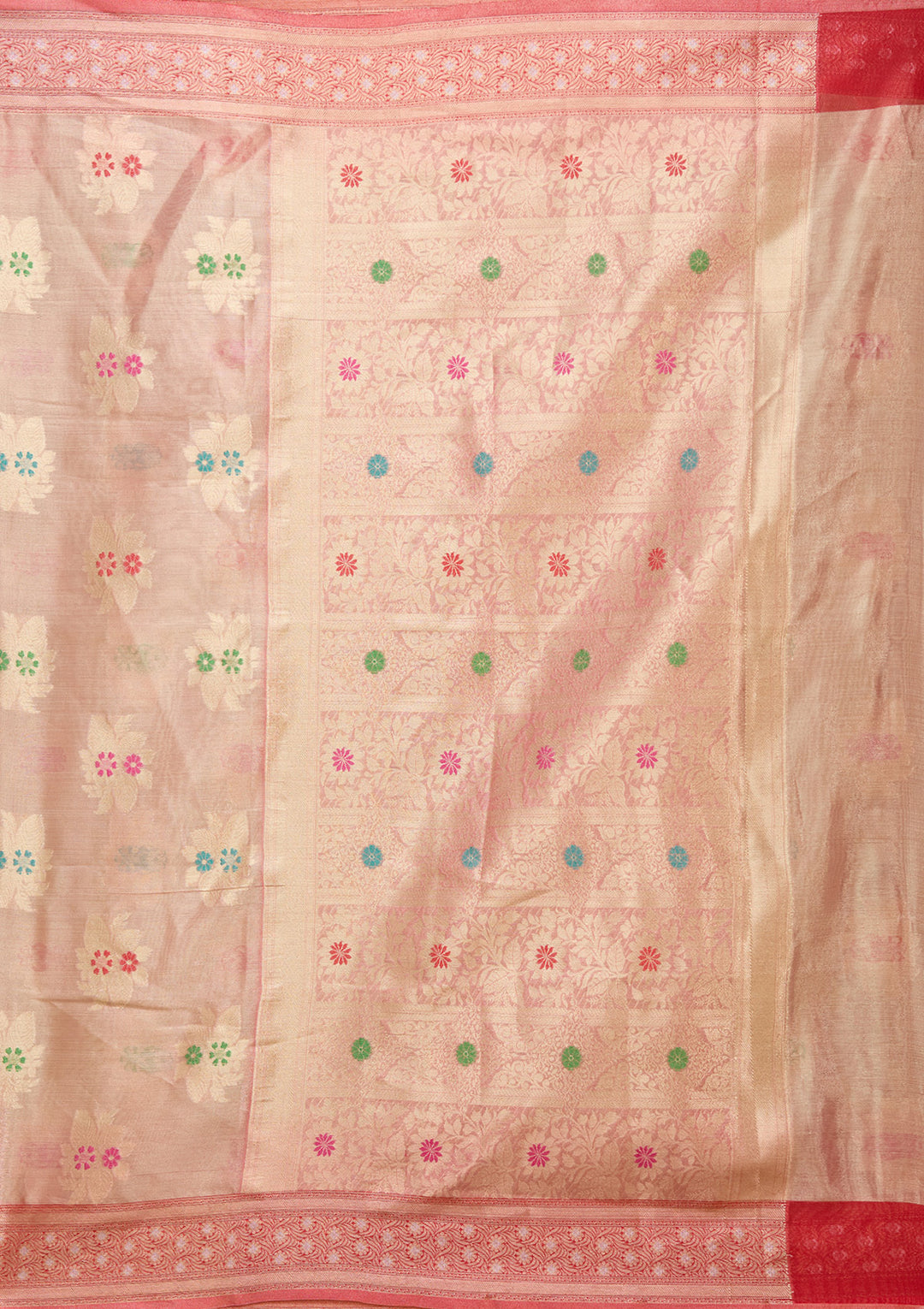 Peach Tissue Jaal Gold Zariwork Saree With Matching Blouse Piece