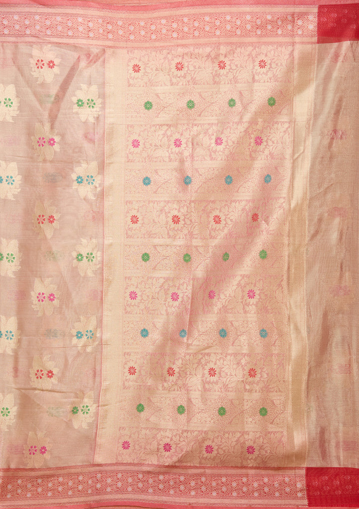 Peach Tissue Jaal Gold Zariwork Saree With Matching Blouse Piece