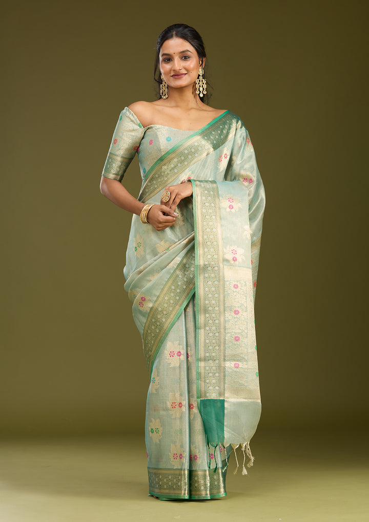 Sea Green Tissue Jaal Gold Zariwork Saree With Matching Blouse Piece