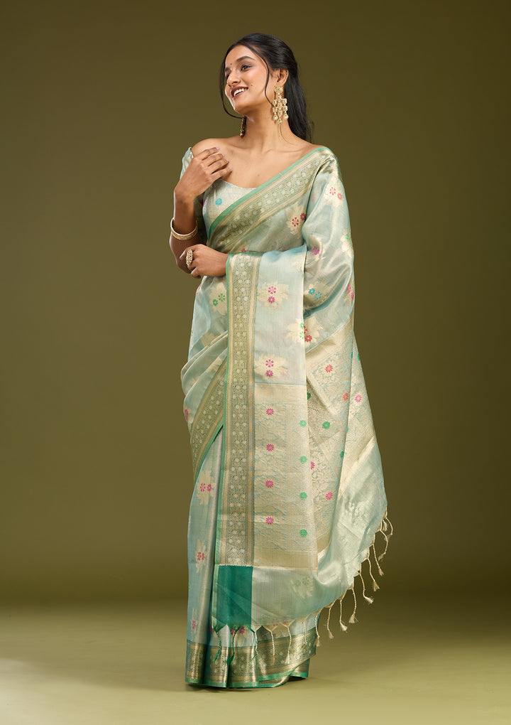 Sea Green Tissue Jaal Gold Zariwork Saree With Matching Blouse Piece
