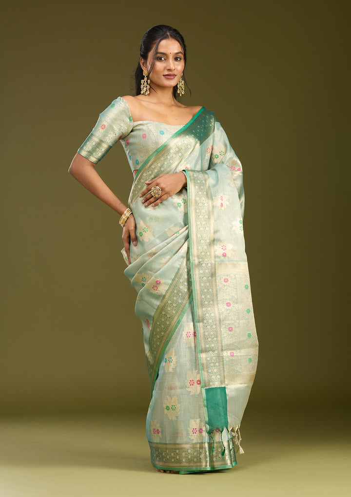 Sea Green Tissue Jaal Gold Zariwork Saree With Matching Blouse Piece
