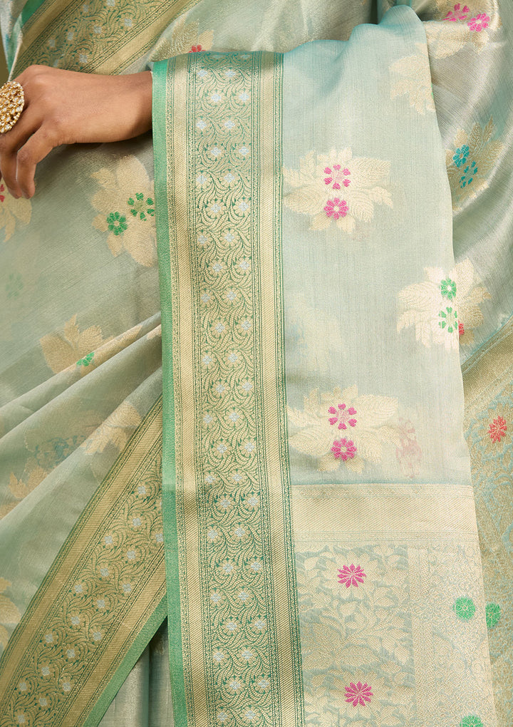 Sea Green Tissue Jaal Gold Zariwork Saree With Matching Blouse Piece
