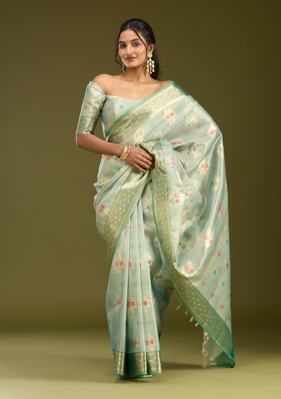 Sea Green Tissue Jaal Gold Zariwork Saree With Matching Blouse Piece