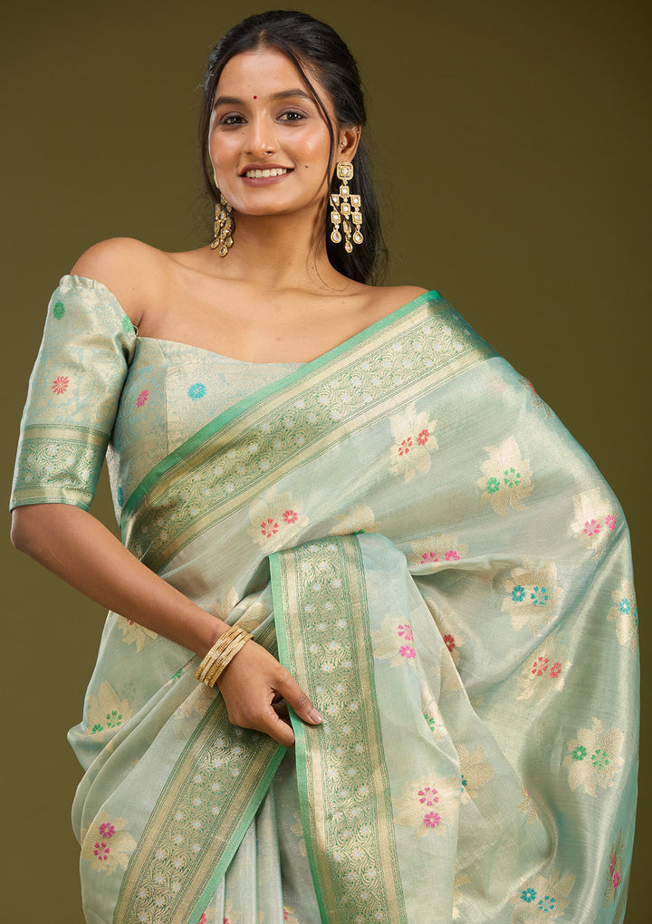 Sea Green Tissue Jaal Gold Zariwork Saree With Matching Blouse Piece