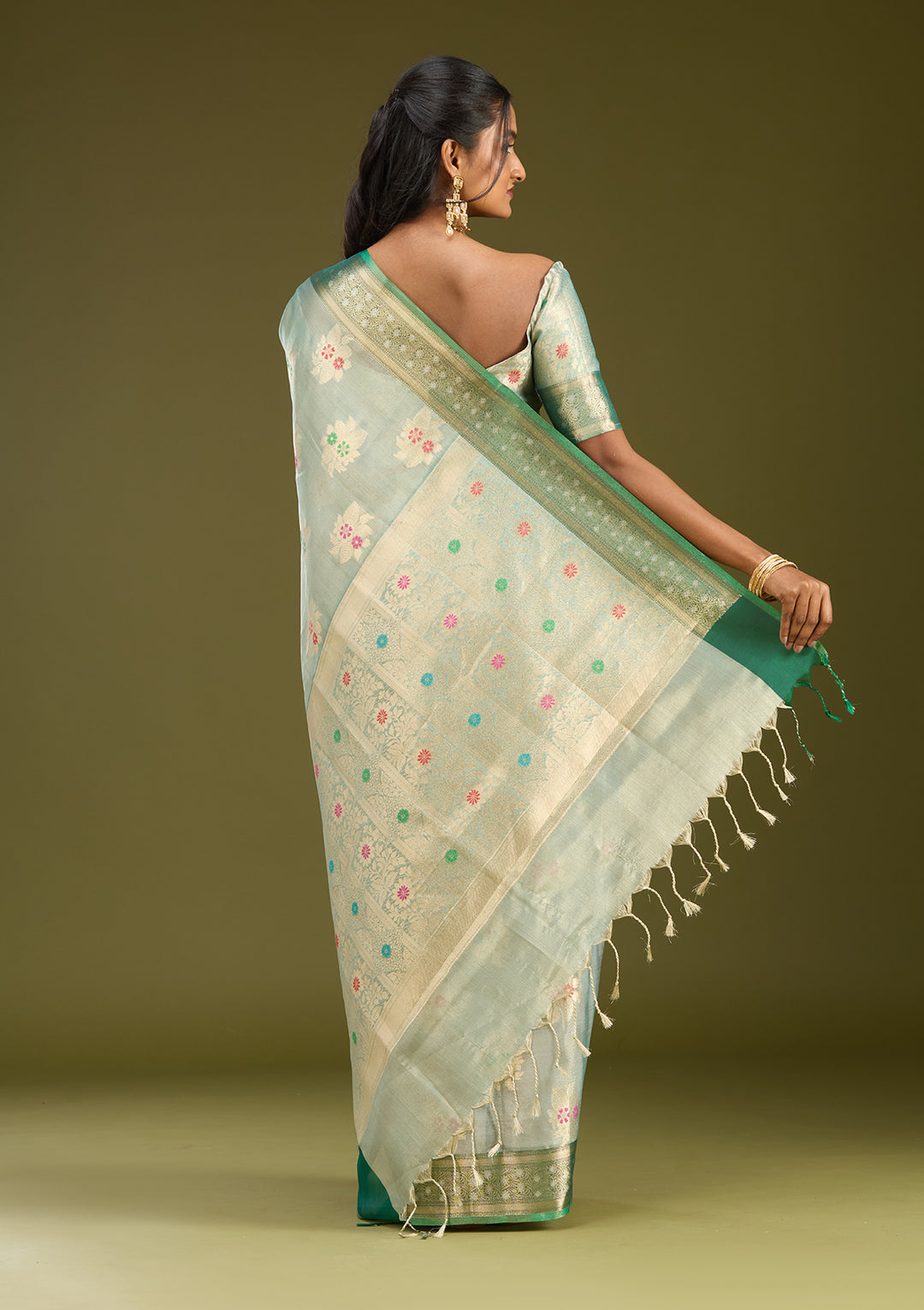 Sea Green Tissue Jaal Gold Zariwork Saree With Matching Blouse Piece