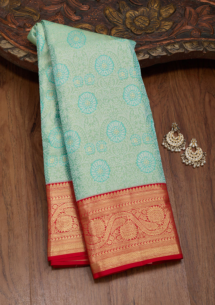 Sea Green Silk Jaal Saree With Matching Blouse Piece