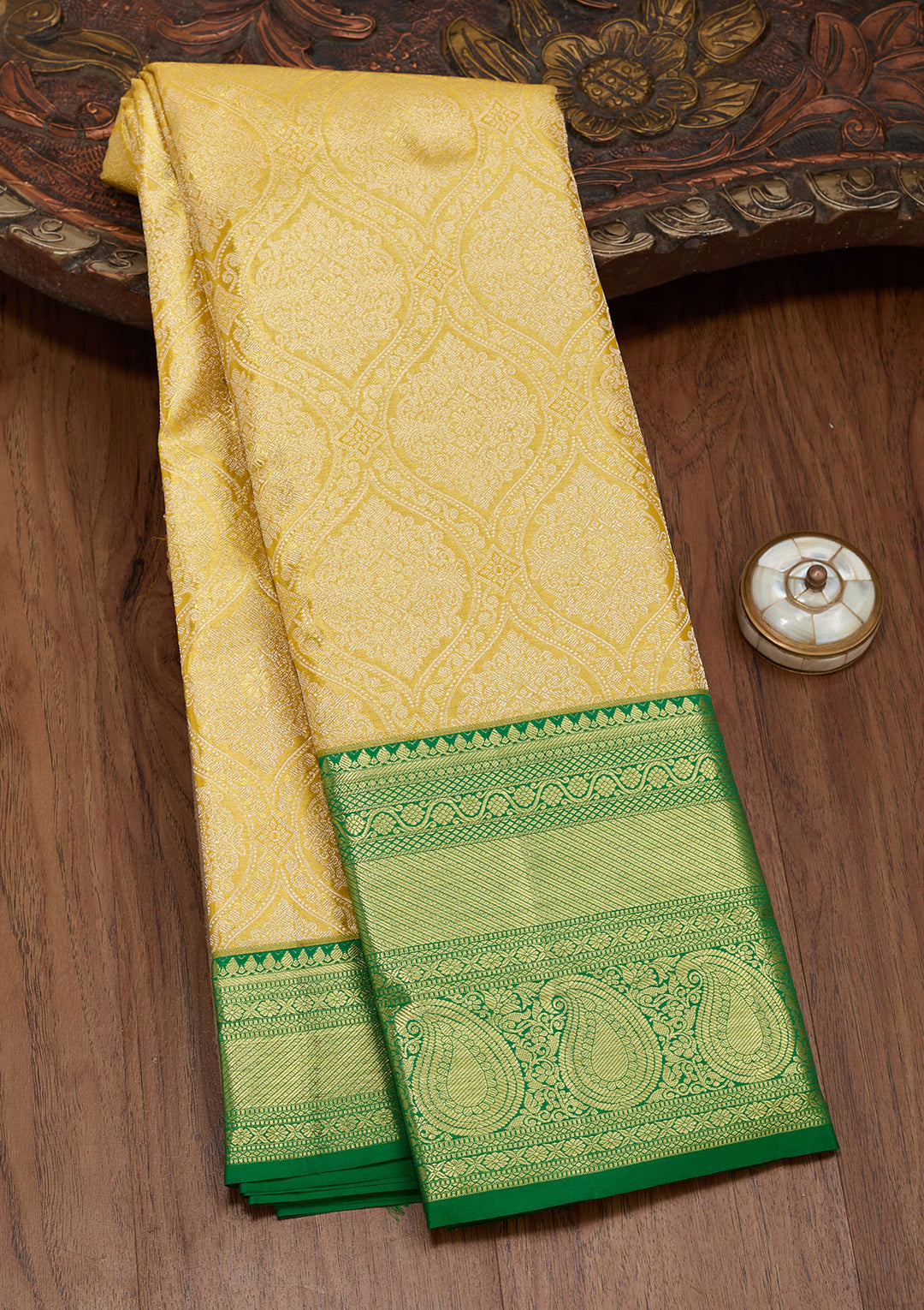 Lemon Yellow Tissue Jaal Saree With Matching Blouse Piece