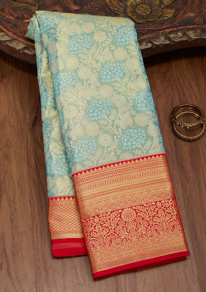 Sky Blue Silk Jaal Saree With Matching Blouse Piece
