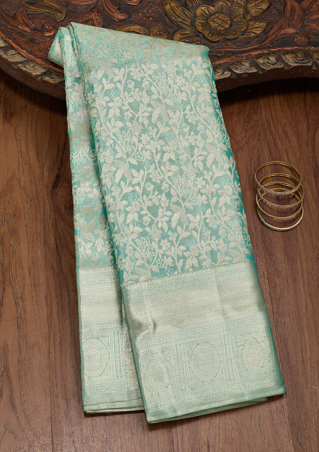 Leaf Green Tissue Jaal Saree With Matching Blouse Piece