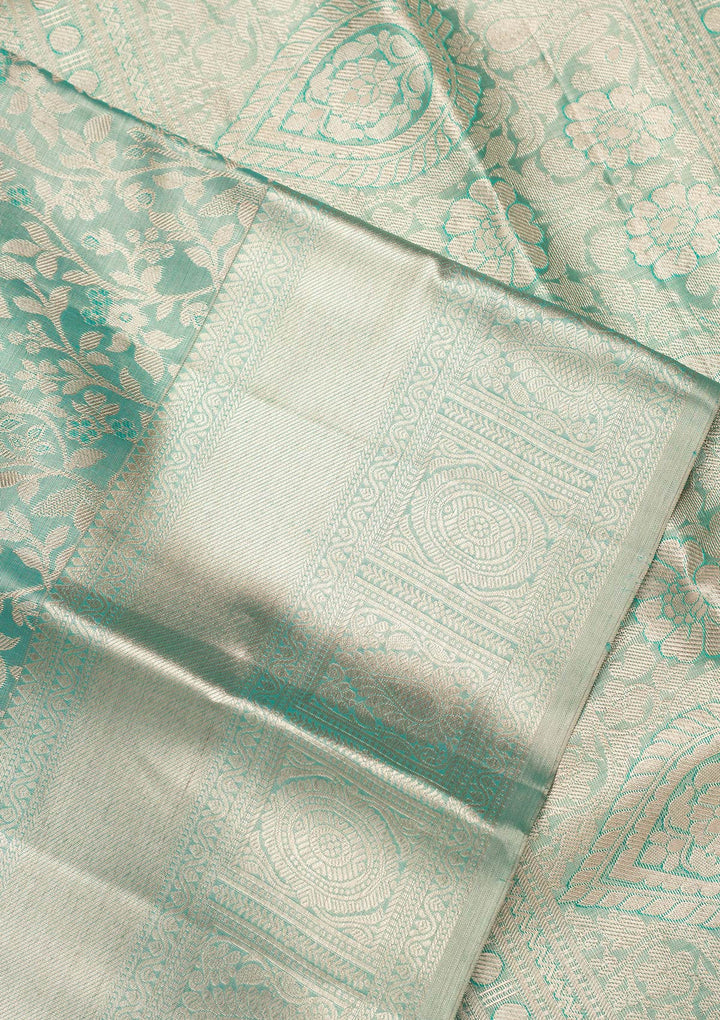 Leaf Green Tissue Jaal Saree With Matching Blouse Piece
