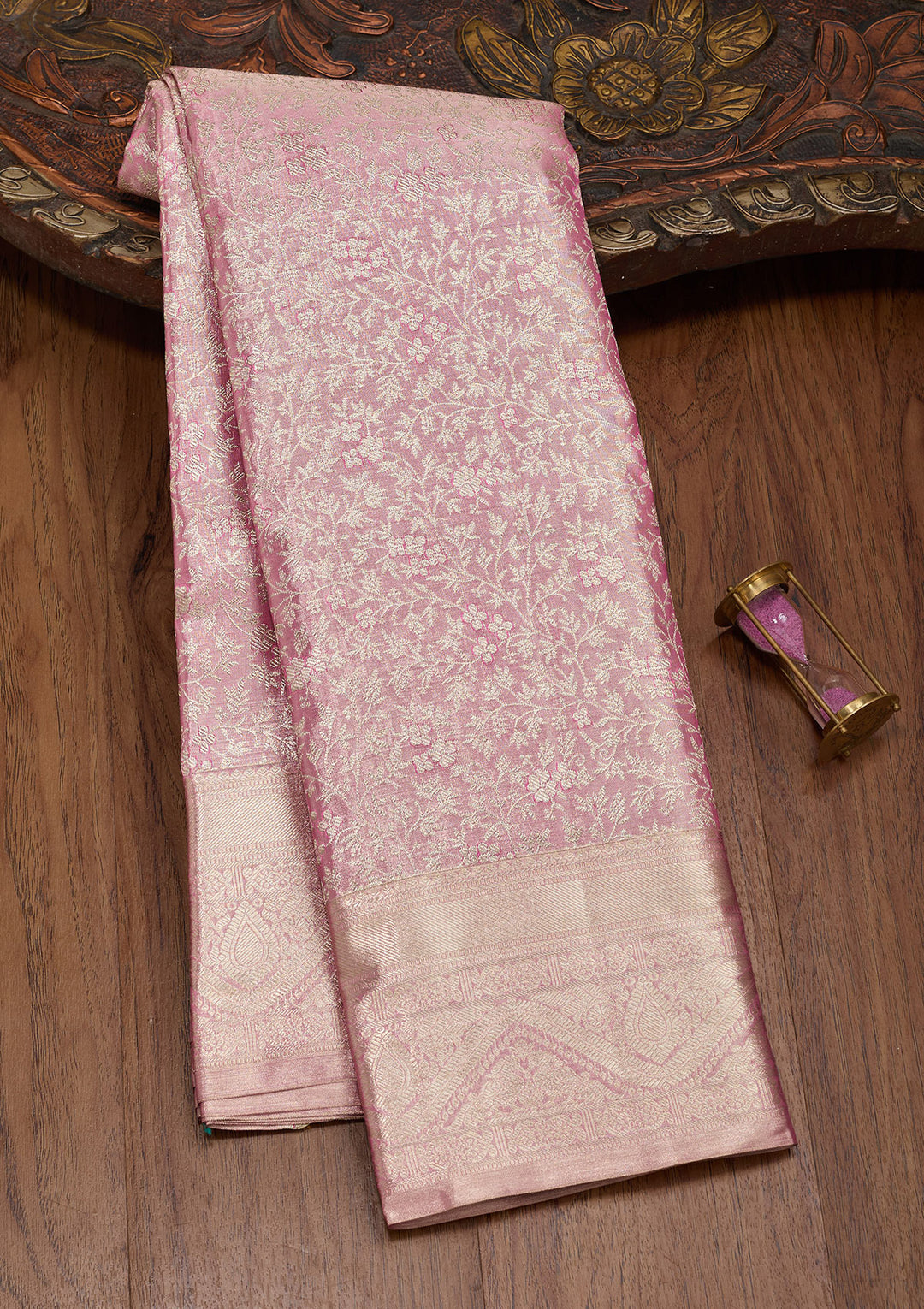 Pink Tissue Jaal Saree With Matching Blouse Piece