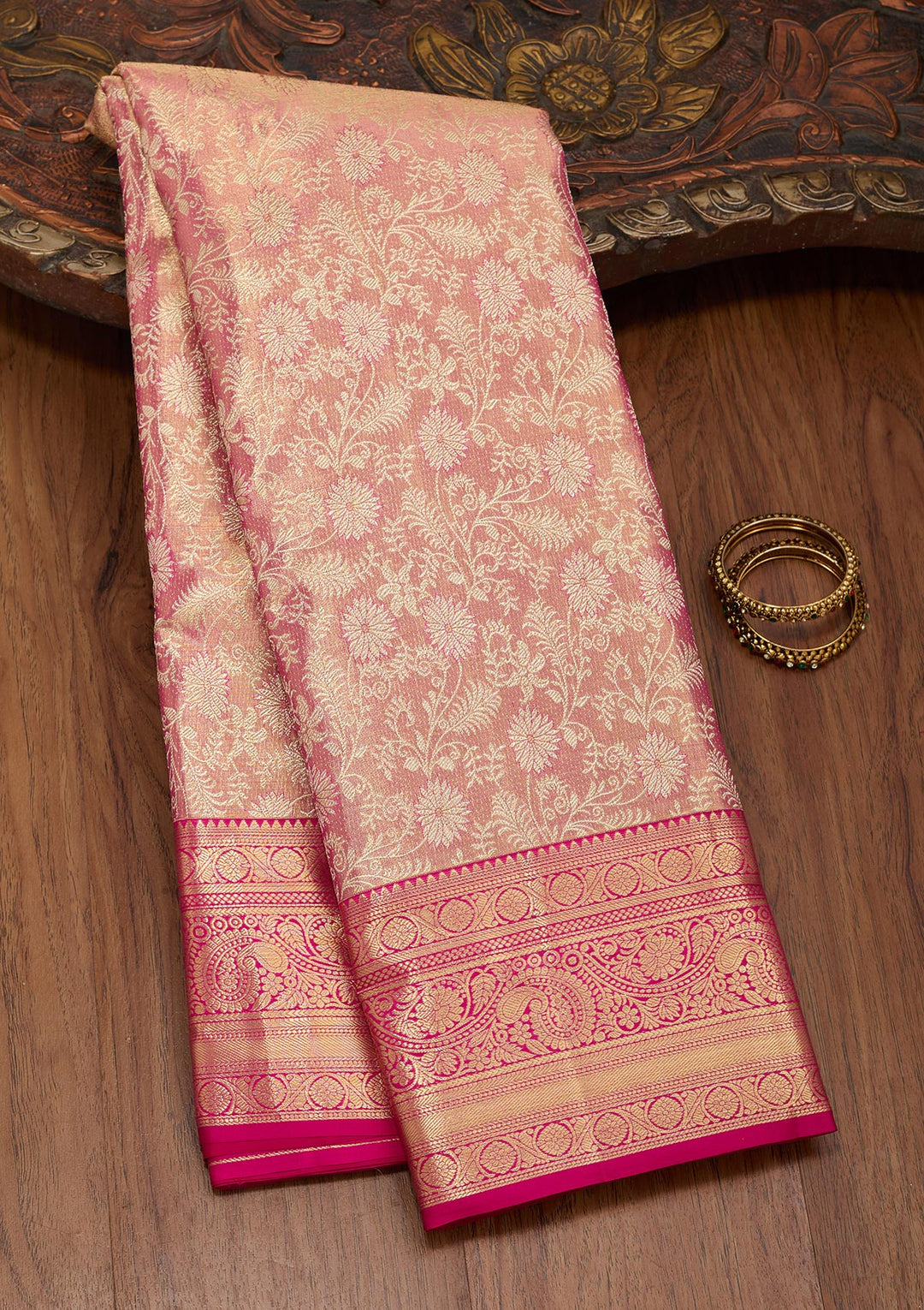 Pink Tissue Jaal Saree With Matching Blouse Piece