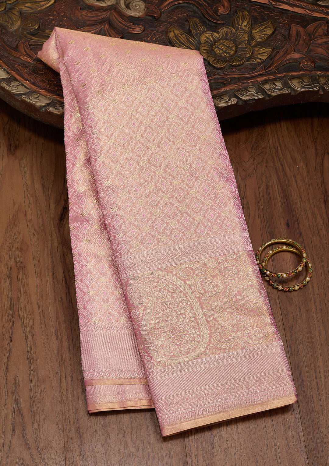 Onion Pink Silk Jaal Saree With Matching Blouse Piece