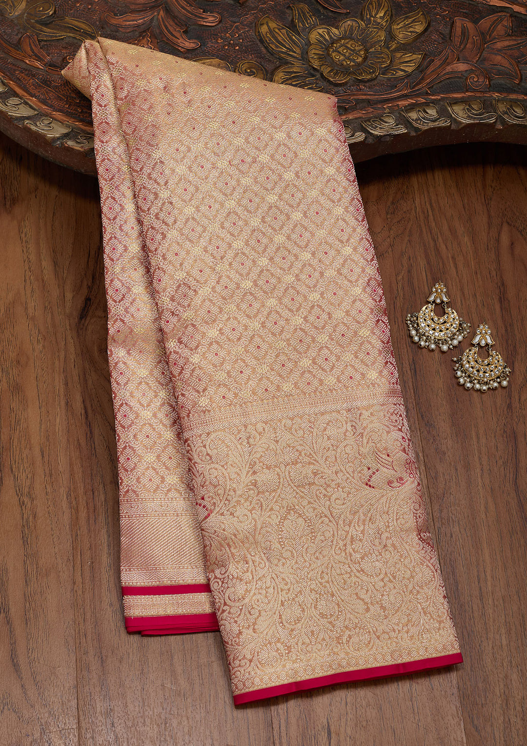 Light Brown Tissue Checks Zariwork Saree With Matching Blouse Piece
