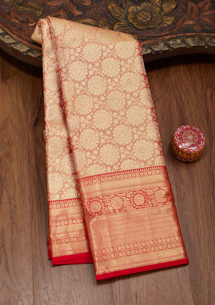 Red Tissue Jaal Zariwork Saree With Matching Blouse Piece