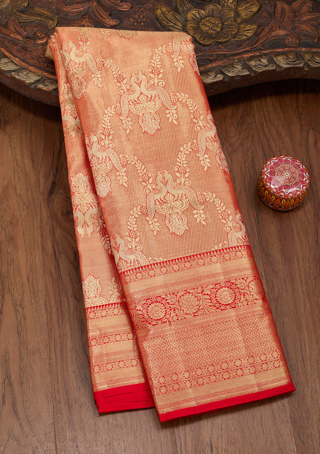 Rust Tissue Jaal Zariwork Saree With Matching Blouse Piece