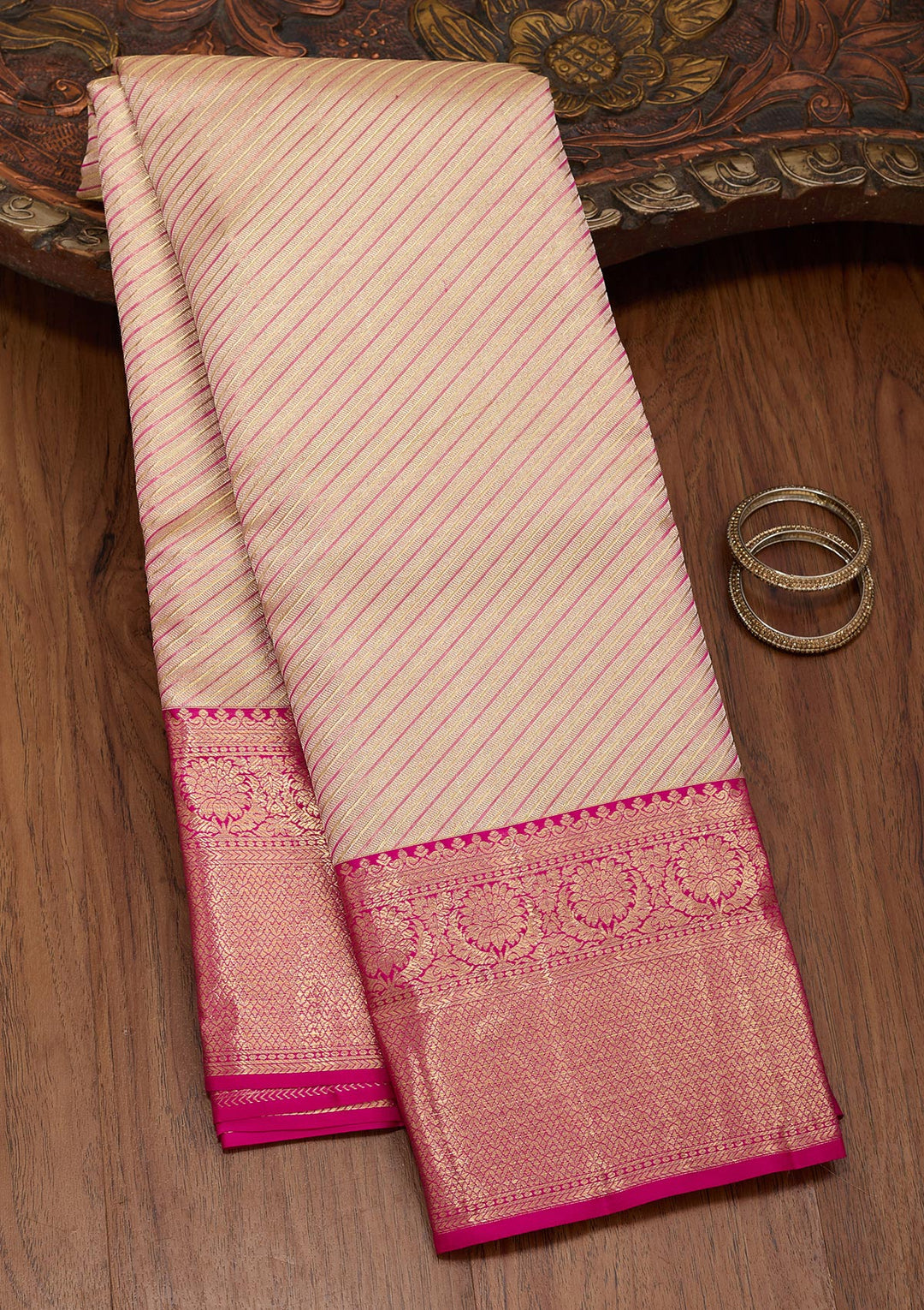 Beige Tissue Stripes Saree With Matching Blouse Piece