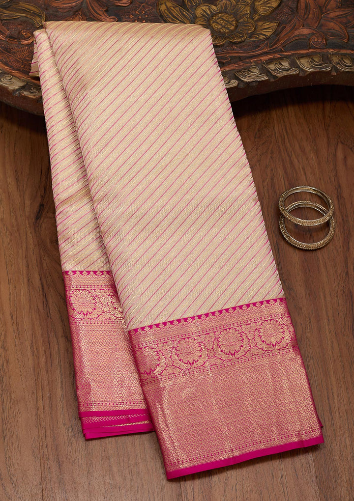 Beige Tissue Stripes Saree With Matching Blouse Piece