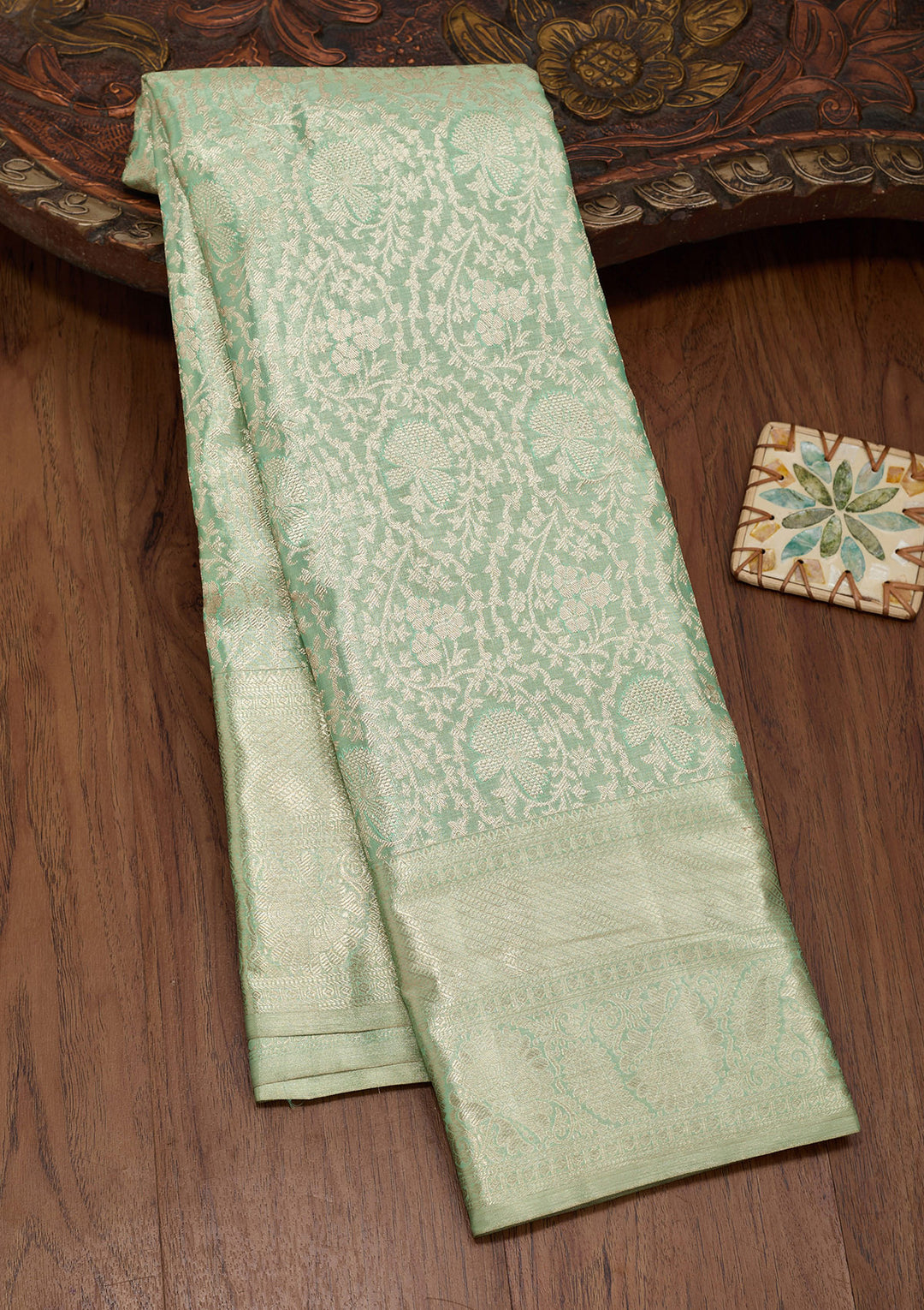 Sea Green Tissue Jaal Saree With Matching Blouse Piece