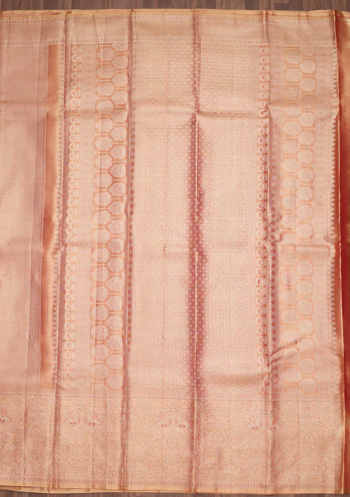 Brown Tissue Jaal Saree With Matching Blouse Piece