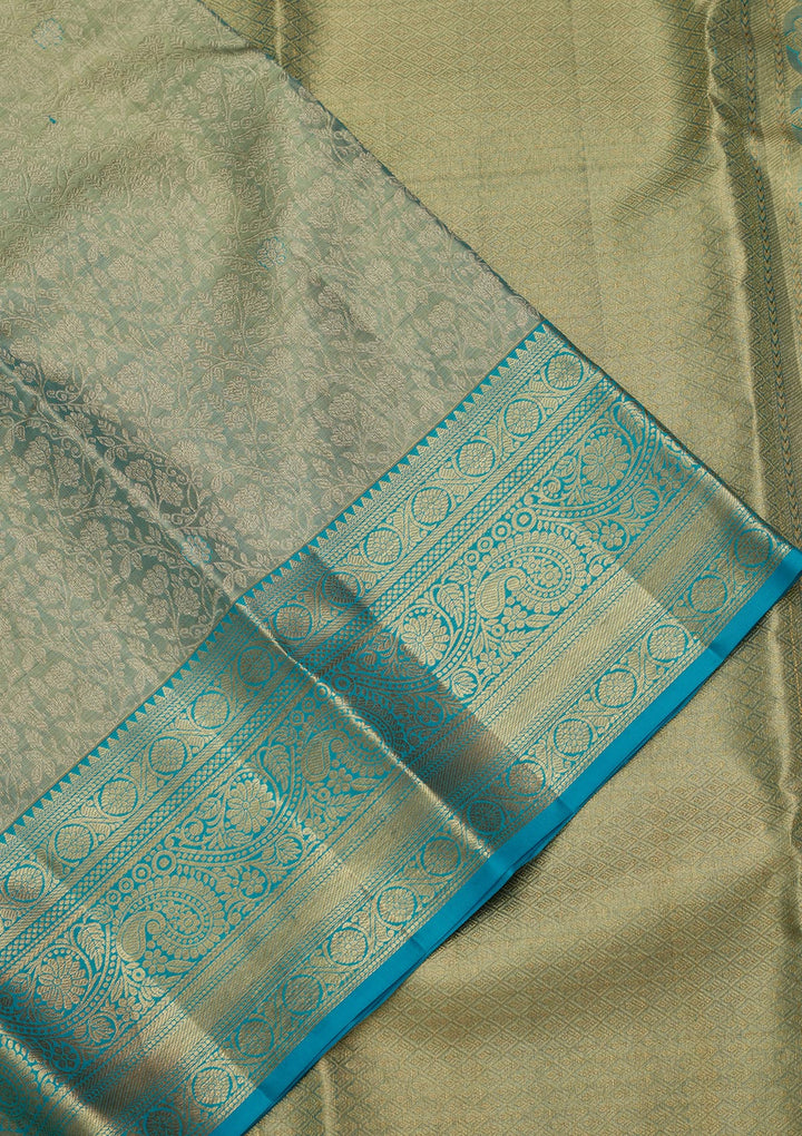 Leaf Green Tissue Jaal Kanjivaram Saree With Matching Blouse Piece